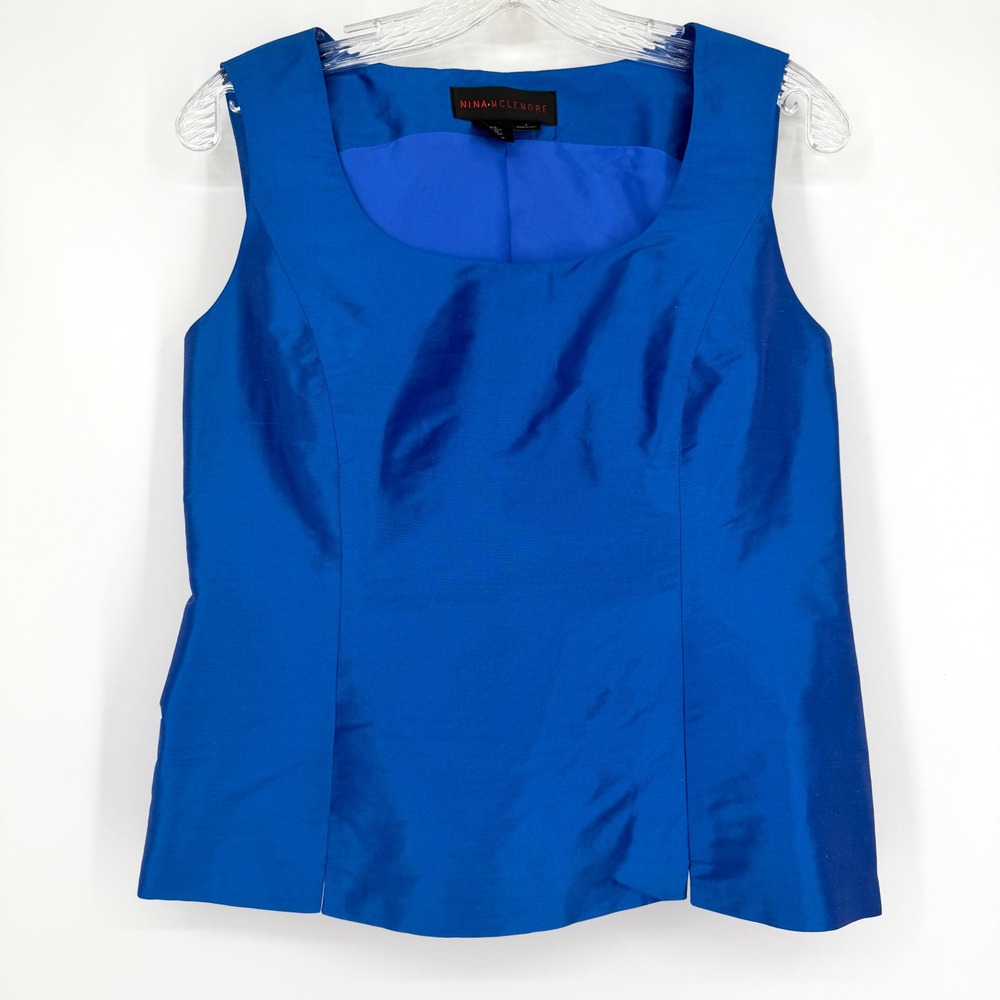 Nina McLemore Dupioni Silk Sleeveless Top Royal Blue Scoop Neck Side Zip Shell 4
